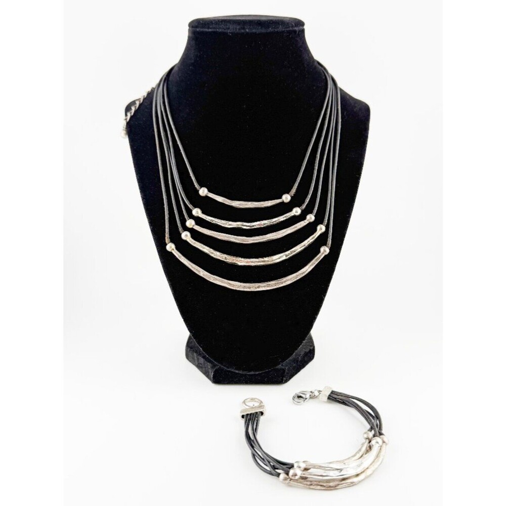 Chico's Hammered Silver Multi-Strand Cord Necklace & Bracelet Set Boho